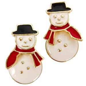 VTG Avon Signed Snowman Christmas Earrings Enamel Gold Tone Dangle Festive Cozy